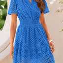 PRETTYGARDEN Womens 2025 Summer Short Dress V Neck Short Sleeve A Line Hollow Out Lace Ruffle Cute Casual Beach Party Dresses (Blue, L)