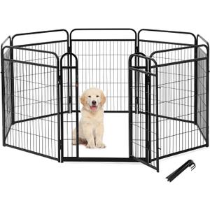 ZOMISIA Dog Play Pen Indoors - 8 Panels 32" Playpens Indoor Safety Design Without Stakes, Threshold Free Door Ease to Access, Portable Fence Ground Anchors for Outdoor, Yard and RV Camping