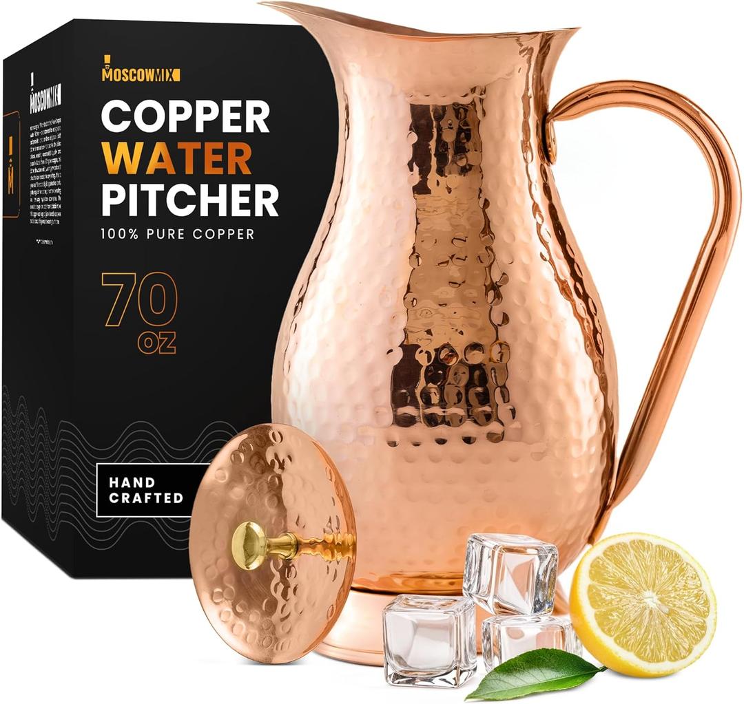 Pure 100% Copper Water Pitcher with Lid - 70 oz Large Copper Jug for Drinking Water - Heavy Duty Handcrafted - Bedside Carafe Vessel Ayurveda Hammered Health Benefits