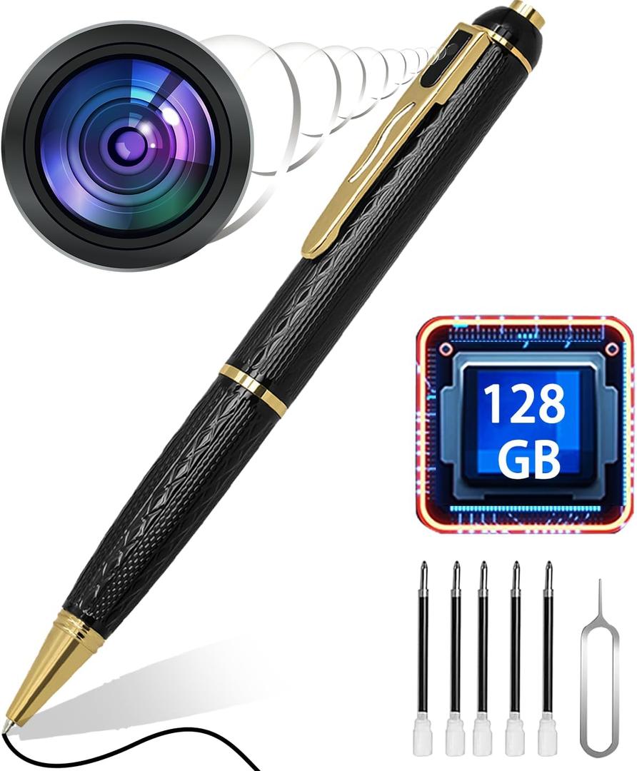 GIAOQ 128G Spy Camera, 1080P Mini Hidden Camera Pen with 300 Minutes Battery Life, Nanny Camera, Portable Nanny Video Recorder-One Button Security Camera for Home, Office