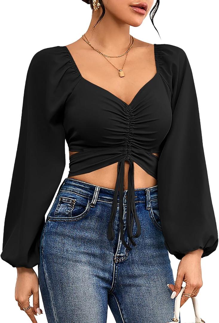 Rooscier Women's Drawstring V Neck Ruched Lantern Long Sleeve Tie Back Crop Top Blouse