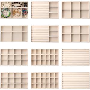 Inbagi 12 Pcs Small Velvet Jewelry Tray Stackable Jewelry Organizer Drawers Insert Divided Storage Display Trays for Earring Ring Brooch Watch Necklace Bracelet 8.3 x 5 x 1 Inches