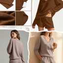 2 Pack Women's Waffle Knit Lounge Sets Long Sleeve V Neck Pajama Sets Tops and Shorts Loungewear with Pockets (Medium, Caramel, Khaki)
