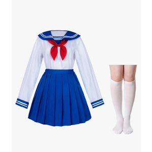 Japanese School Girls Uniform Sailor Navy Blue Pleated Skirt Anime Cosplay Costumes Size L