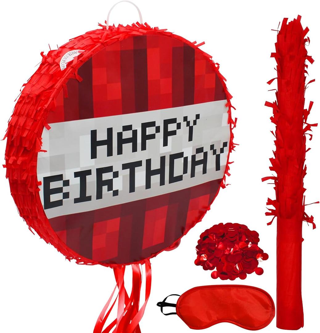 Birthday Pixel Pinata Set, Piata with Blindfold and Bat Stick for Groovy Hippie Theme Birthday Party Game Decorations Photo Props School Activities Wedding Christmas Party Supplies