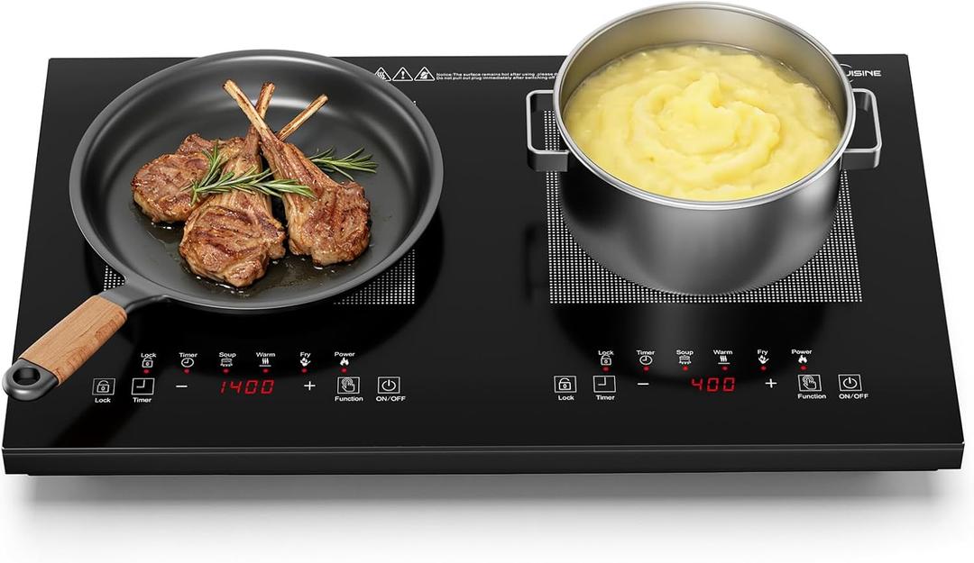 Double Induction Cooktop 1800W, Portable 2 Burner Electric Cooktop with Full Touch Control, 10 Power Levels, 4-Hour Timer, Child Lock, Low Power Continuous Heating, 110-120V