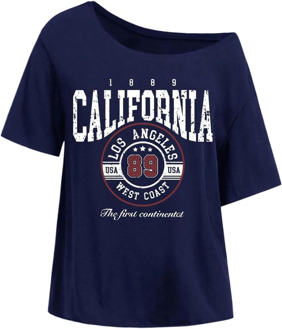 Women's Off The Shoulder Tops Preppy Letter Graphic Tees Summer Casual Short Sleeve Tshirts (Blue, M)