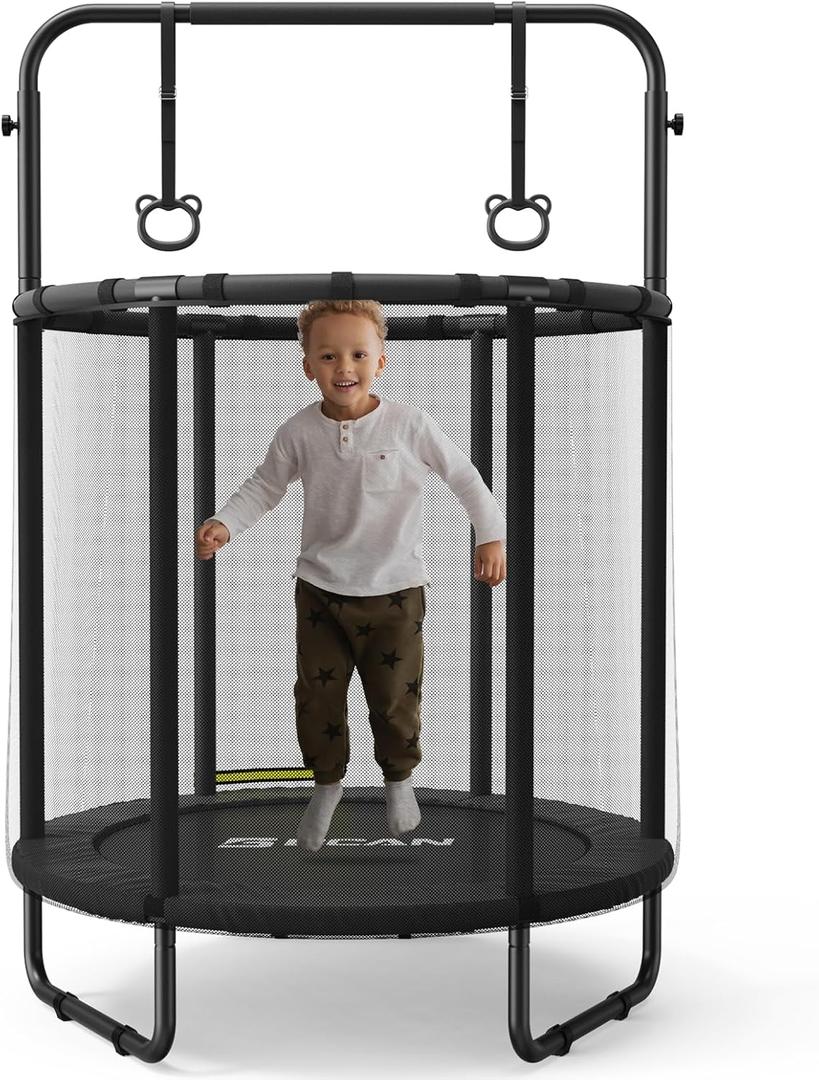 BCAN 60''/55" Mini Trampoline for Ages 1 to 8 Kid, 5FT Toddler Trampoline - Indoor/Outdoor Use with Enclosure Net, Adjustable Gymnastics Bars, Basketball Hoop, Gifts for Boys & Girls (55IN, 55-BLACK)