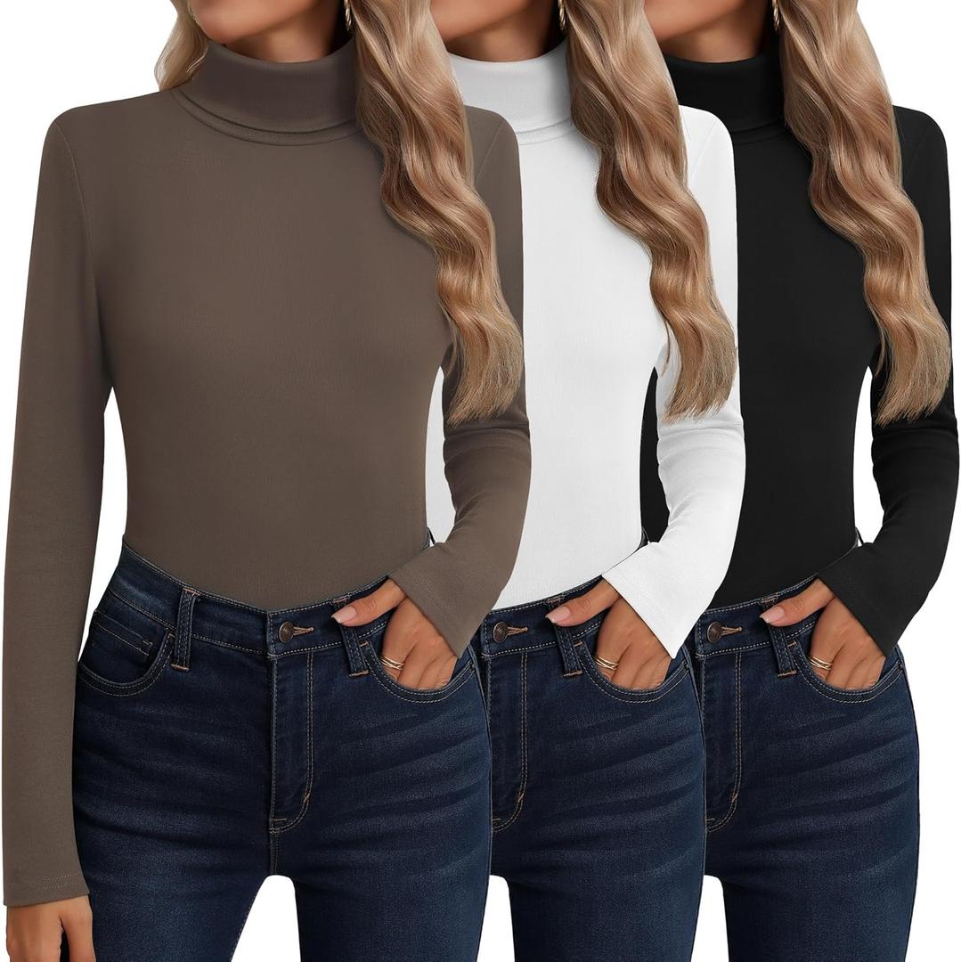 Neer 3 Pack Cotton Women's Turtleneck Long Sleeve Tops Thermal Underwear Base Layer Fall Winter Shirts Sweater (Black, White, Mocha)