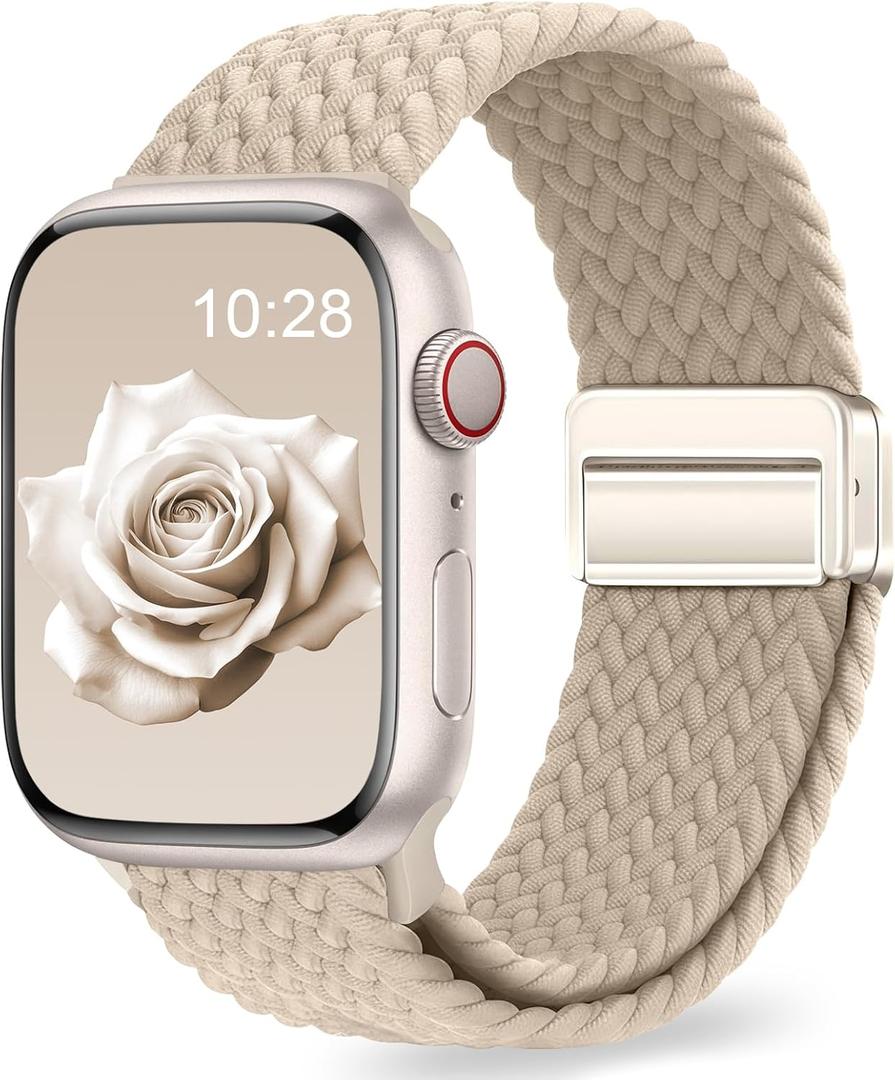 Braided Stretchy Band Compatible with Apple Watch Bands 38mm 40mm 41mm 42mm 44mm 45mm 46mm 49mm Women Men, Soft Nylon Solo Loop Magnetic Sport Strap for iWatch Series 11 10 9 8 7 6 5 4 3 2 1 SE Ultra, Beige, Gold