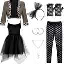 Boyiee Womens 80s Costume Set Dress Jacket Headband Earrings Necklace Lace Legging Gloves Halloween 80s Themed Costumes (Large)