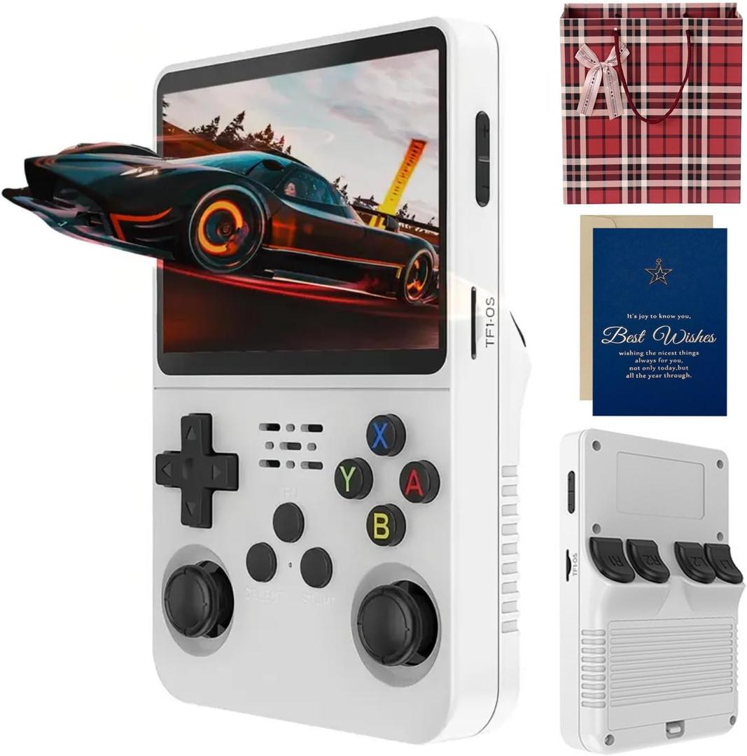 R36s Handheld Game Console, 3.5 Inch IPS Screen Retro Handheld Game Console with 128g TF 3000mah Battery, Built-in 21000+ Classic Games for Adults (White 128G)