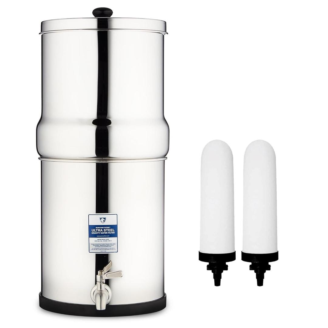 Survivor Filter Ultra Gravity Water Filter System - Stainless Steel Countertop Gravity Fed Water Filter, 2.25 Gallon, for Home and Outdoors - Removes Bacteria, Viruses, and Parasites