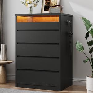 Larger Black 5 Drawer Dresser for Bedroom with LED Light, Modern Chest of Drawers with Hidden Handles, Tall Wooden Dresser Closet for Living Room, Entryway, Hallway - Black