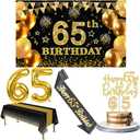 65th Birthday Decorations Men Women with 65th Birthday Banner, Black and Gold Table Cloth, Number Balloons, Large Sash, Cake Topper and Candles