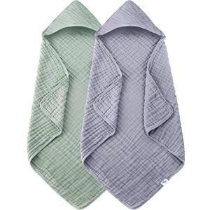 SWEET DOLPHIN Muslin Hooded Baby Bath Towels - 2 Pack 100% Cotton Towel for Babies, Infants, Toddlers - 32x32Inch - Highly Absorbent and Newborn Essential, Green and Grey