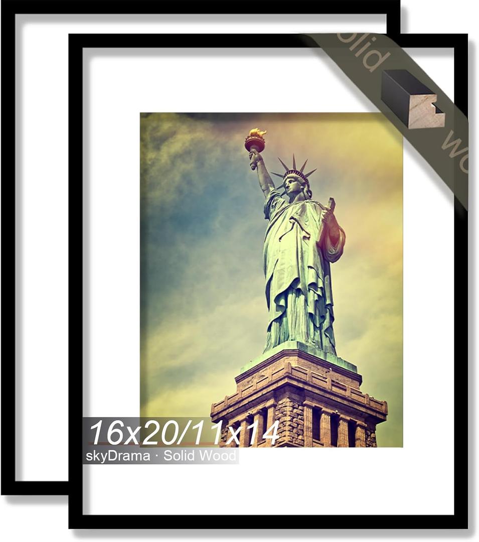 100% Solid Wood 16x20 Picture Frame Set of 2, Black Frame Display Photo 11 x 14 with Mat or 16 x 20 without Mat, 16by20 HQ Matte Black Frame for Wall - 2 Pack/Black/16 x20