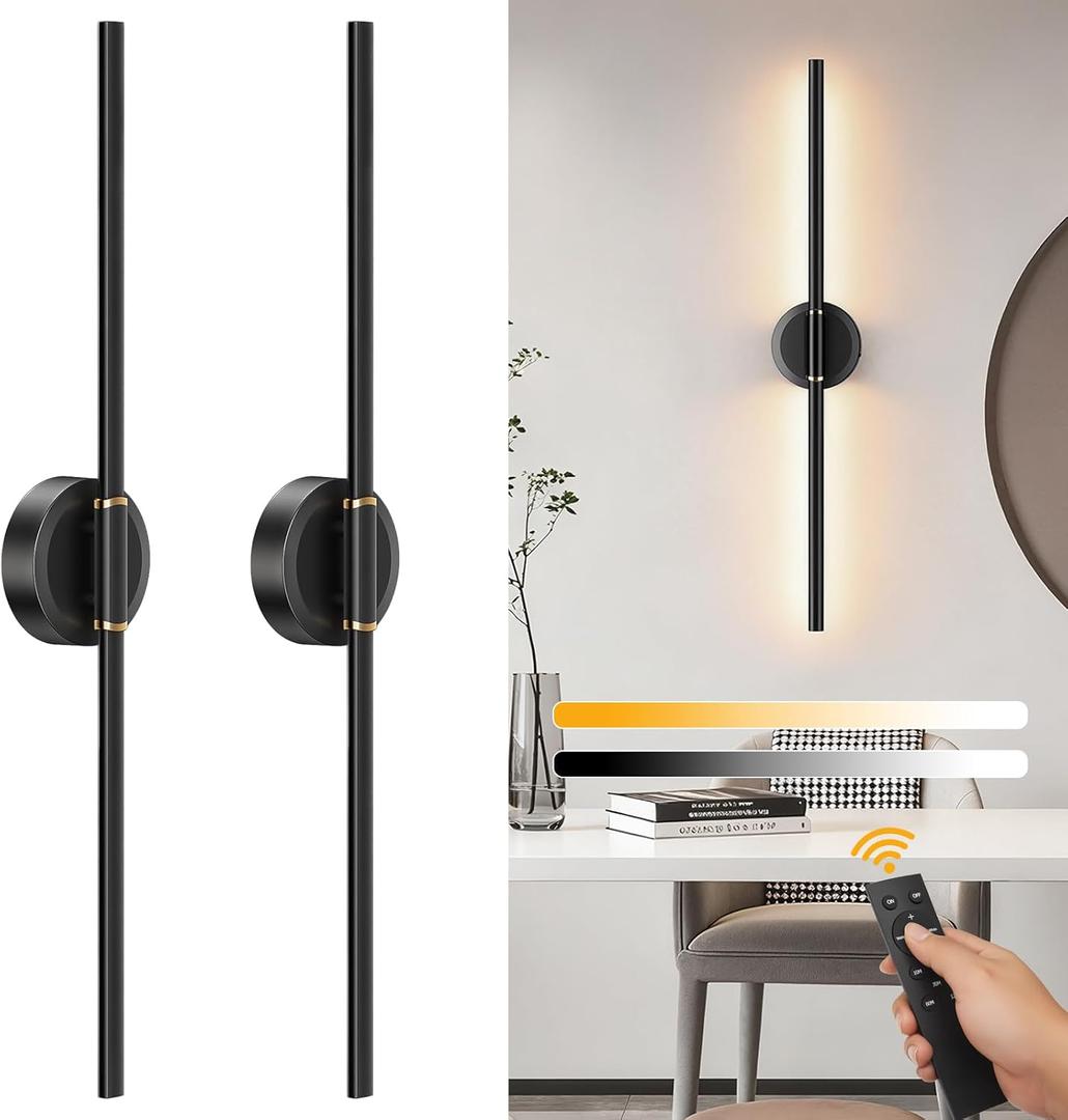 Battery Operated Wall Sconces Set of 2, Dimmable 6000mAh Rechargeable Wall Lights, LED Wall Lamp with Remote Control, 25 inch