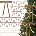24 Pcs Velvet Bows for Christmas Tree and 12 Feet Wooden Beads Ornaments, 5x7 Inch Vintage Christmas Velvet Ribbon Bows for Xmas Garland Wreath Gift Wrapping Holiday Home Party Decorations (Khaki)