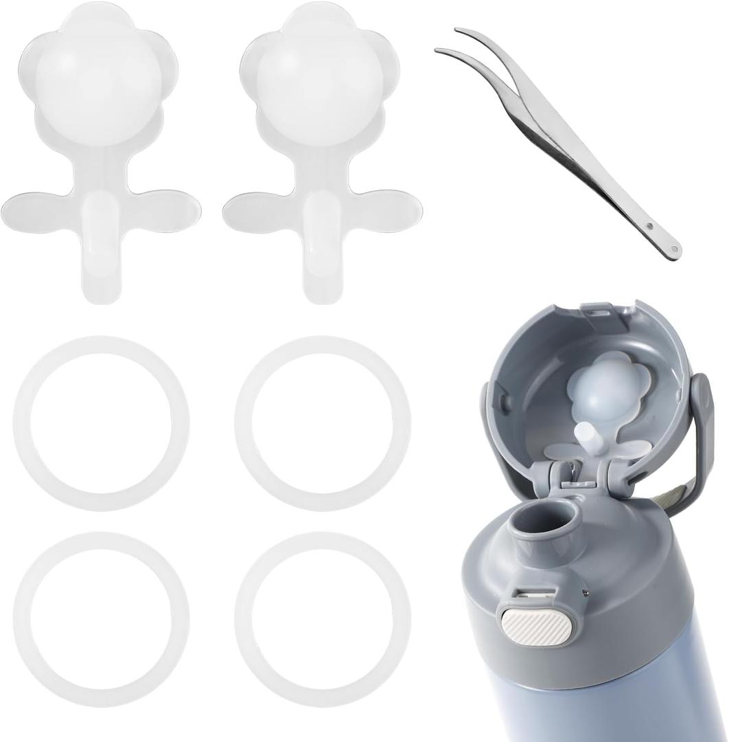4 x 2pcs Replacement Stopper with 4pcs Seal O-Ring Gasket for Thermos Funtainer 16oz Stainless Steel Vacuum Insulated Bottle, Flower Silicone Lid Plug with Gasket & Tweezers (Transparent)