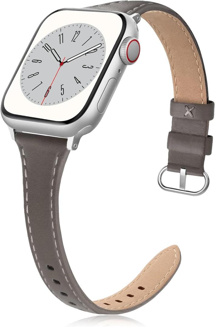 Slim Leather Band Compatible for Apple Watch 38mm 40mm 41mm 42mm Series 10, Slim Thin Elegant Top Grain Genuine Leather Strap Compatible for iWatch Series 10 9 8 7 6 5 4 3 2 1 SE Women (Deepgrey)
