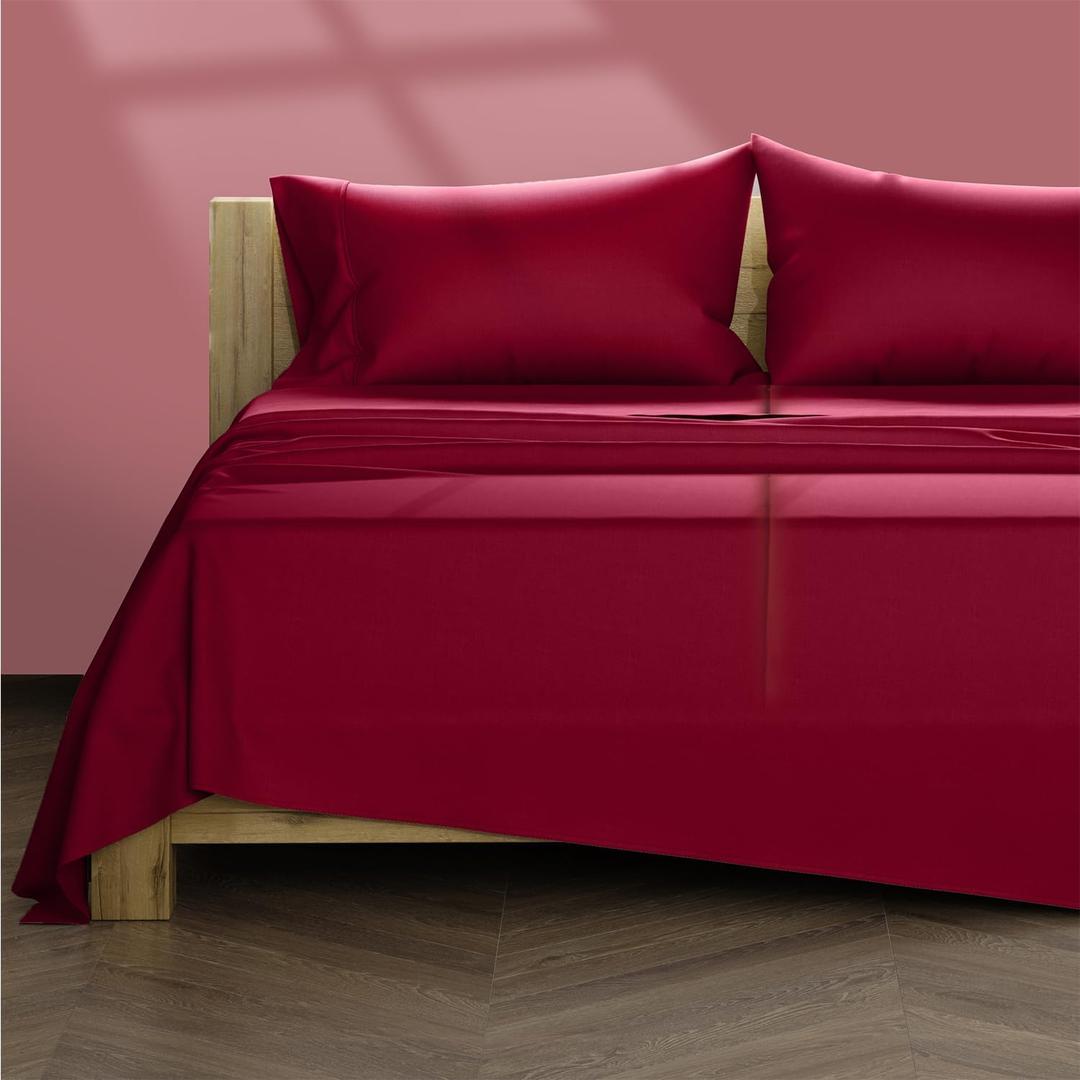 TEXAS LINEN CO. Egyptian Cotton Split King Sheet Set - Texan Talkin' Collection 600 Series 5 PC Sheets for Adjustable Bed (Burgundy), Extra Long Staple, Luxury Hotel Sheets, 16" Deep Pocket Bedsheet