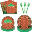 96 Pieces Red Brick Wall Street Party Supplies Tableware Set for 24 Guests Cartoon Sesame Party Paper Plates Napkins Decorations Birthday Party Decorations for Kids Boys Girls