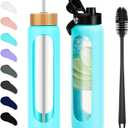 32 oz Glass Water Bottles - 1 Liter Motivational Tumbler Water Bottle Time Marker - Borosilicate Glass Water Bottle With Silicone Sleeve and 2 Lids, Handle Spout & Bamboo Straw Lid (Teal)