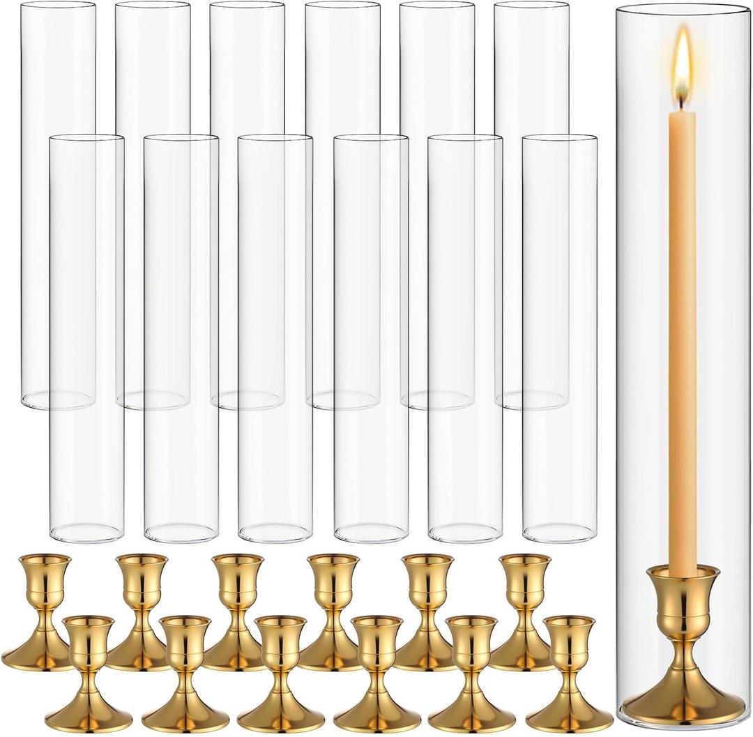 Teenyyou 12 Set Glass Hurricane Candle Holders 11.8" Open Ended Glass Candleholder Tube Shape Bottomless and 1.3" Taper Candlestick Holders for Wedding Party Table Centerpiece (Gold)