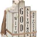 Lineshading 4 Pcs Christian Table Decor Wooden Book Stack Decor with God All Things are Possible Farmhouse Centerpiece with Beaded Garland Tassel Christian Home Decorations for Office, Shelf, Gift