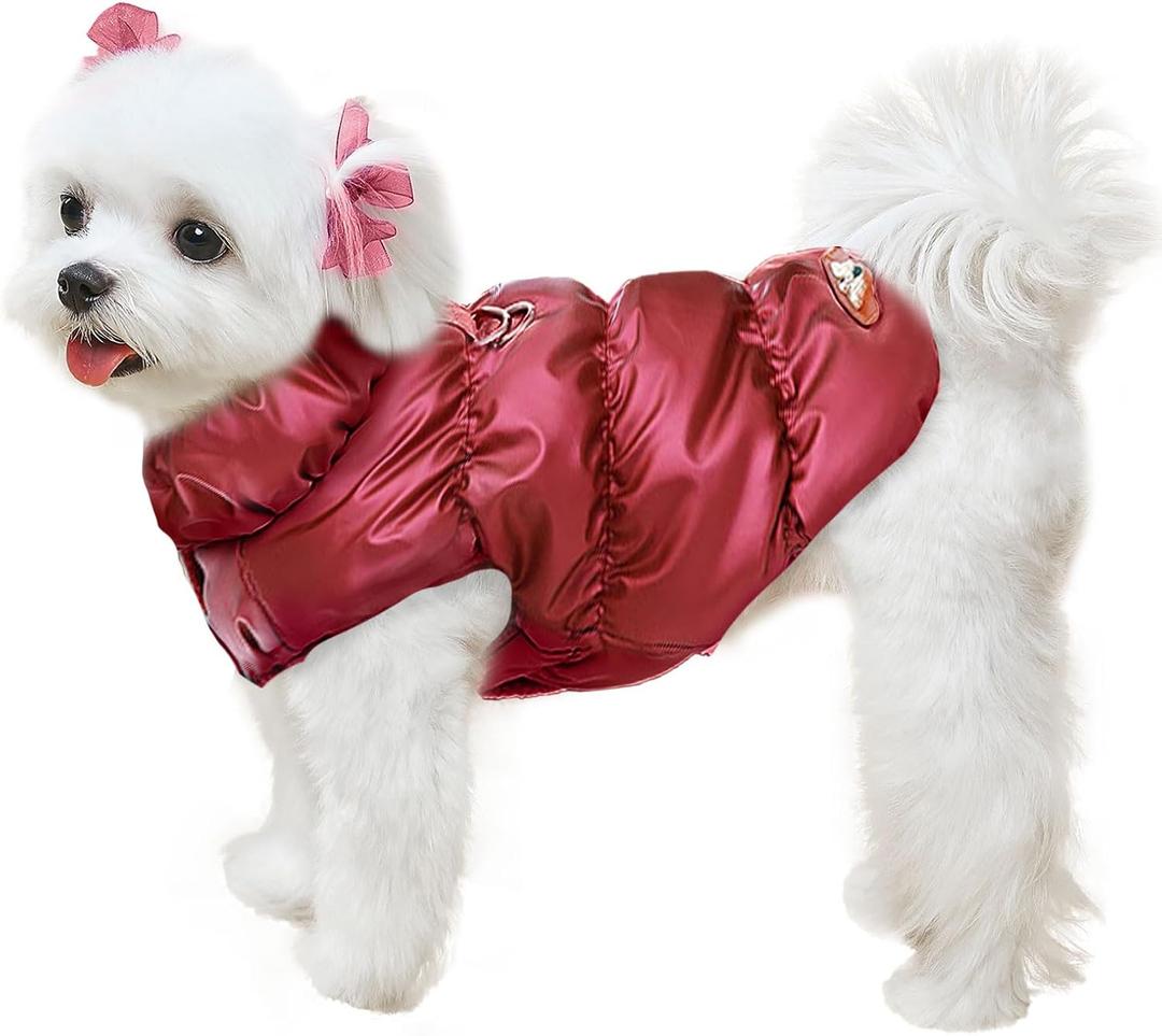 Winter Warm Dog Jacket for Small Medium Dogs Cat Cold Weather Coats with Harness Paded Dogs Fleece Vest Waterproof Windproof Dog Snow Jacket Pet Puppy Clothes (Wine red,S)