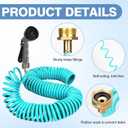 50 FT 3/8" Lightweight Coiled Garden Hose EVA Flexible with 7 Function Nozzles and Brass Connectors for Garden Watering Plants Greenhouses Patios Lake Blue