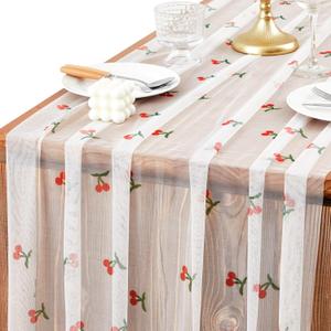2 Pack Cherry Table Runner 35x120 Inch Cherry Birthday Party Decorations Fruit Summer Lace Tulle Fabric Table Dining Room Kitchen Holiday Wedding Baby Shower Arch Veil Decor (White)