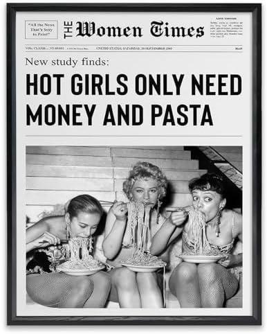 KBKBART Retro Hot Girls Only Need Money And Pasta Framed Wall Art Trendy Black And White Canvas Poster Vintage Woman Times Newspaper Prints Wall Decor for Dorm Bedroom 8x10in