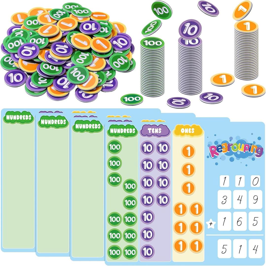 4 Sets Regrouping Base Ten Place Value, Magnetic Dry Erase Board Math Games, Addition and Subtraction Math Manipulatives Place Value Chart Classroom Must Haves for 1st 2nd 3rd Grade Student