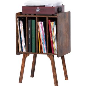 LELELINKY Record Player Stand,Vinyl Record Storage Table with 4 Cabinet Up to 100 Albums,Mid-Century Turntable Stand with Wood Legs,Brown Vinyl Holder Display Shelf for Bedroom Living Room (Patented)