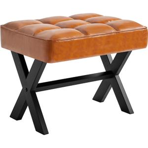 IBUYKE Small 12" H Footrest Stool, Square PU Foot Stool with Metal X-Leg, Multi-Use as Small Side Table, Step Stool for Living Room, Bedroom, Entryway, Office, Light Brown WBD012J