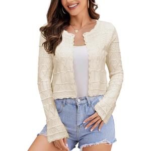 FAIRY SEASON Women's Cropped Cardigan Sweater Bell Long Sleeve Lightweight Crochet Button Down Knit Bolero Shrugs for Dresses (Small)