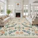 10x14 Area Rugs Boho Floral Washable Living Room Rug Neutral Carpet Bedroom | Beige, Farmhouse, Large, Playroom, Kids, Soft, Non-Slip, Non-Shedding, Stain Resistant, Dining Room, office, Indoor