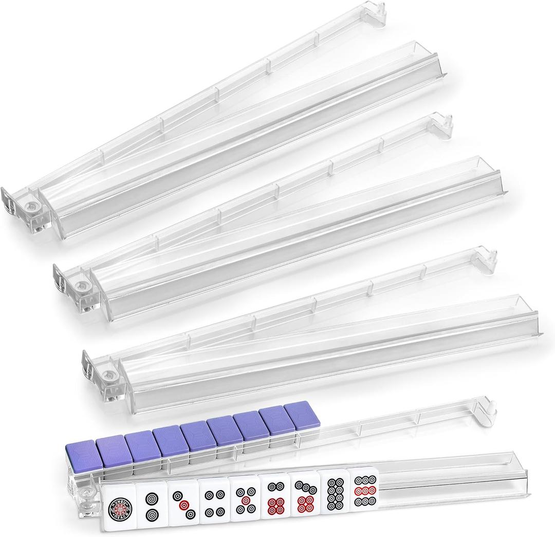Mahjong Rack with Pushers, 4-Piece Premium Acrylic Mahjong Racks with Built-in Pushers & Rotating Bases - Crystal-Clear Set for Easy Play, 18 Inches X 3.15 Inches