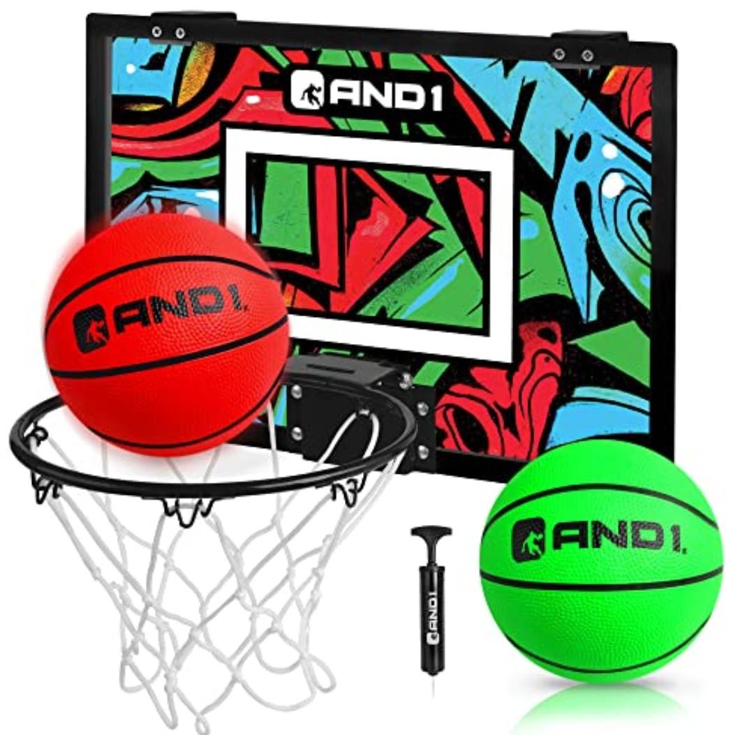 AND1 Over The Door Mini Hoop: - 18”x12” Pre-Assembled Portable Basketball Hoop with Flex Rim, Includes Two Deflated 5” Mini Basketball – Green/Red (5A1GT0110E0E2)