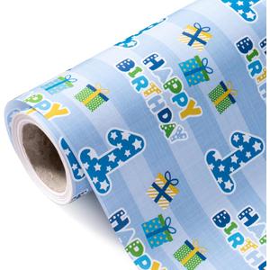 WRAPAHOLIC 1st Birthday Wrapping Paper - Mini Roll - 17 Inch X 33 Feet - Blue Happy Birthday with Gift Box Design for Boys Kids, Baby Shower, Party, Holiday
