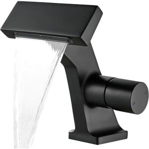 BAKALA Black Waterfall Bathroom Faucets, Single Hole Single Handle Brass Bathroom Sink Faucet Deck Mount, Rv Lavatory Vanity Faucet with 2 Supply Holes
