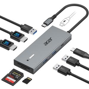 Acer USB C Docking Station Dual Monitor with 2 HDMI, 9-in-1 Laptop Docking Station with 4K@60Hz HDMI, USB A&C 3.0, SD/Micro SD, 100W PD, USB C Dock Compatible with Acer/Dell XPS/HP/Mac/Surface (15cm) Grey