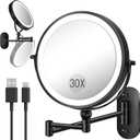 30X/1X Wall Mounted Lighted Makeup Mirror, 9'' Height Adjustable Double Sided 5000mAh Rechargeable Magnifying Bathroom Mirror with Light, 3 Color Modes Touch Dimmable Extended Arm 360 Rotation (Black)