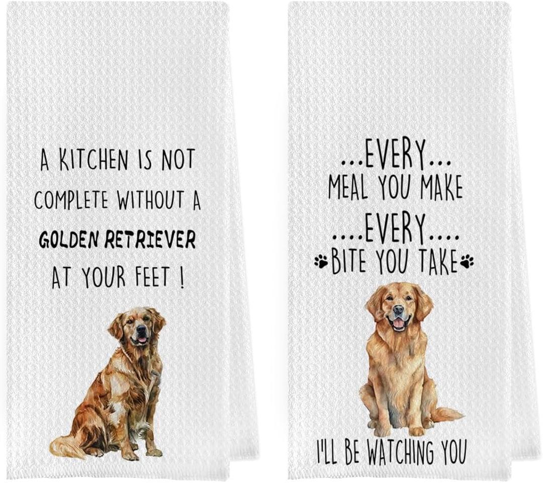 Golden Retriever Dish Towels Set - Golden Retriever Decorative Waffle Weave Kitchen Towels, Hand Tea Towels for Bathroom Kitchen (1624 Inches Set of 2)