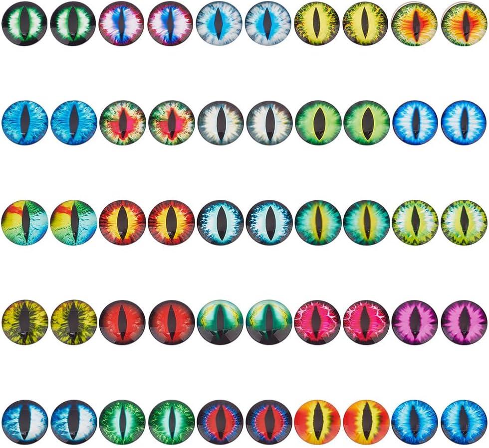 PH PandaHall 50PCS Glass Dragon Eyes, 25 Style 30mm Animal Craft Eyes Half Round Dome Glass Cabochon Flatback Horse Eyes Cat Eyes for Sculptures Props Halloween and Clay Animals Making