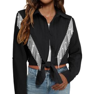 MYMORE Womens Rhinestone Fringe Cropped Button Down Shirt Rolled 3/4 Sleeve Tie Front Top Western Cowgirl Rodeo Outfit (X-Large, 02_black)