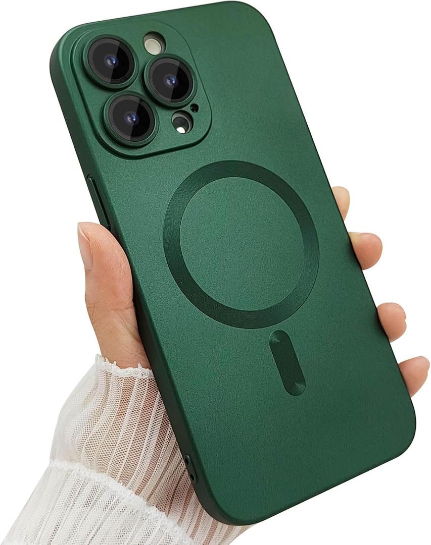 Magnetic case for iPhone 14 Pro Max Phone Case for Women, Matte Luxury Soft Metallic Luster Design with Camera Lens Protector, Compatible with Magsafe Case for iPhone 14 Pro Max 6.7"-Green