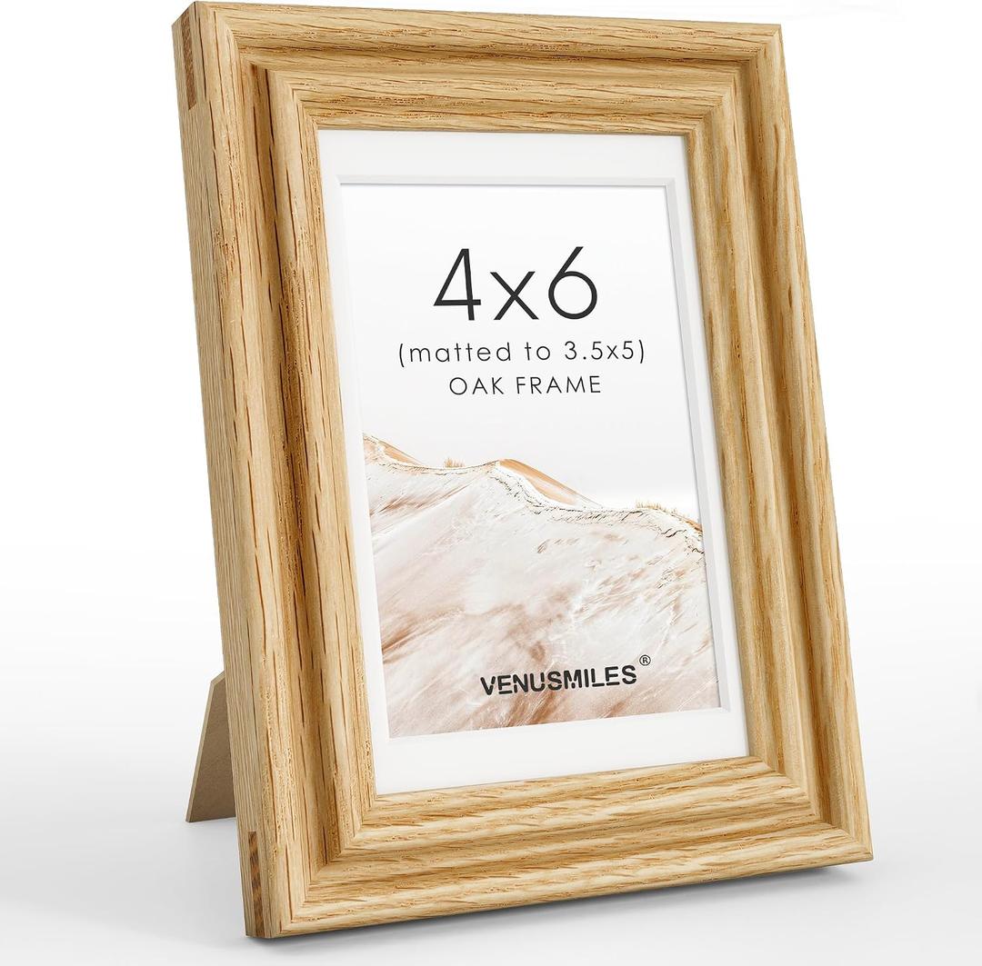 4x6 Picture Frame with Mat Adaptable Display Size for 3.5x5, Natural Solid Oak Wood Frame, HD Tempered Glass, Mortise and Tenon Nail Free Joint, Table-top or Wall Display, Horizontally & Vertically
